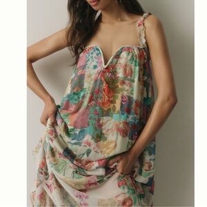 Anthropologie Pink and Green Chemise with Ruffled Details